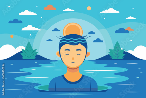 Serene moment of relaxation in a tranquil lake surrounded by mountains and bright clouds during sunset