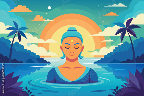 Buddha statue surrounded by serene water at sunset with palm trees in a tranquil landscape setting