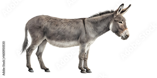 A gray donkey stands in profile against looking to the right of the frame on transparent background