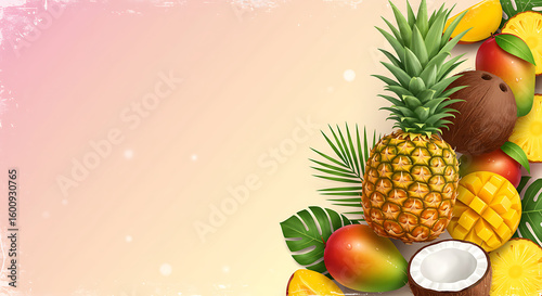 A vibrant arrangement of tropical fruits, including pineapple, mangoes, and coconut on a colorful backdrop.