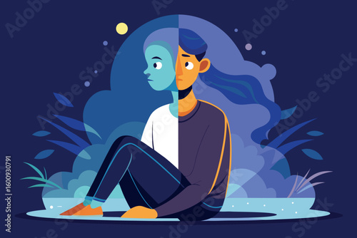 Emotional expression and self-reflection represented through a divided character seated in a serene environment at night