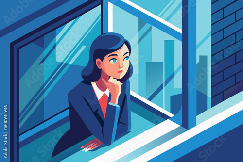 Young woman reflects thoughtfully while leaning on a window sill in a modern urban setting during the daytime