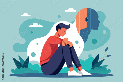 Young man sitting on the ground reflecting on his thoughts with an abstract representation of mental clarity in a calm environment