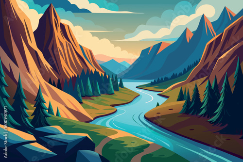 Scenic river winding through mountainous terrain with vibrant colors at sunset
