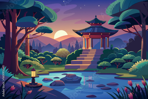 Serene garden landscape at sunset featuring a pagoda by a tranquil pond surrounded by lush greenery