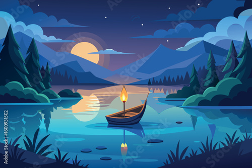 Serene evening boat ride on a calm lake under a starry sky and full moon