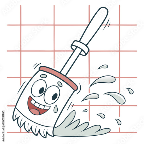 A smiling cartoon toilet brush vigorously scrubs a tiled surface splashing water