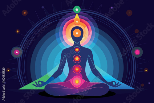 Modern depiction of a meditating figure with chakra symbols glowing in vibrant colors and dynamic aura effects