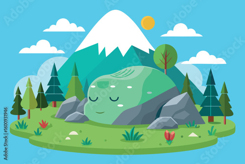 Serene mountain landscape with a sleeping rock under a clear blue sky during the day
