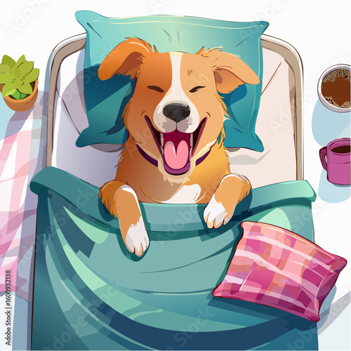 Dog yawning on cozy camper bed with soft blankets, nearby mug and plant, capturing a lazy morning vibe in warm diffused light with a relaxed atmosphere