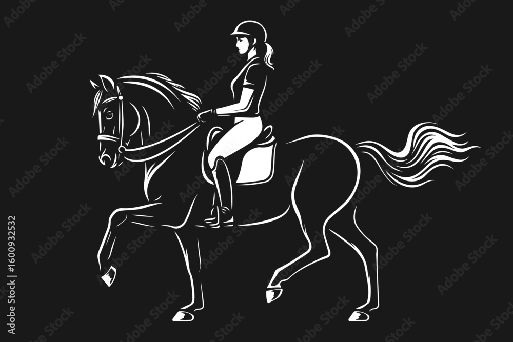 Fototapeta premium Stylized black and white drawing of a female rider on a horse, wearing a helmet and equestrian outfit on a dark background