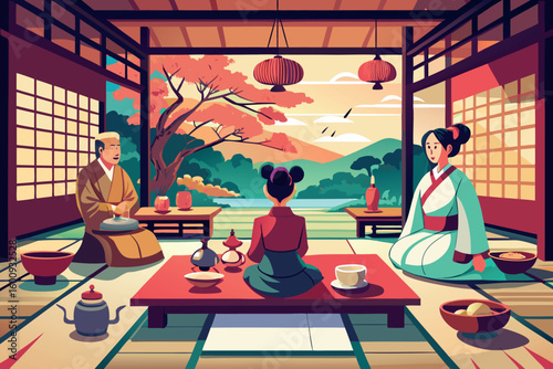 Traditional tea ceremony held in a serene Japanese interior during autumn with vibrant trees in the background