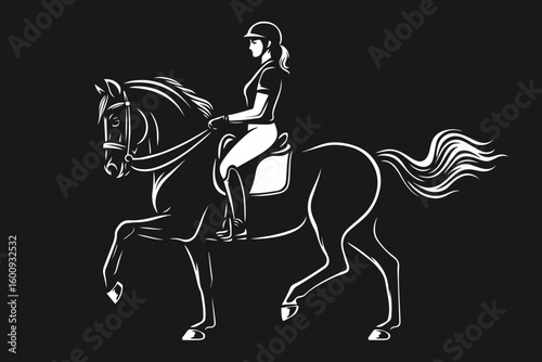 Stylized black and white drawing of a female rider on a horse, wearing a helmet and equestrian outfit on a dark background