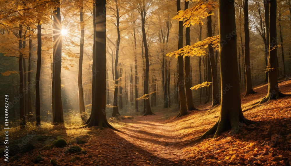 Fototapeta premium Sun Rays Through Autumn Forest