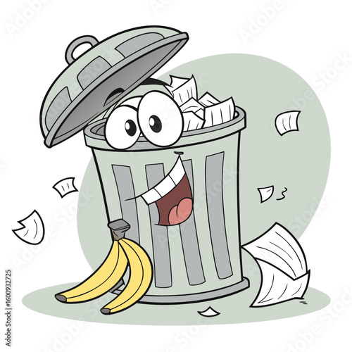 A cheerful cartoon garbage can with wide eyes and a big smile is overflowing with