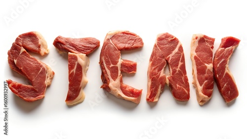 
The inscription STEAK laid out with pieces of meat on a white background.