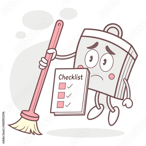 A sad cartoon checklist character holding a broom looks overwhelmed with its tasks