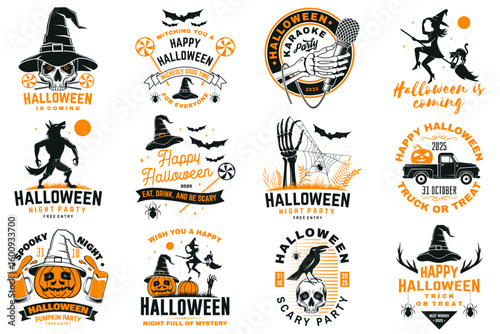 Halloween vector set with spooky elements including pumpkins, skulls in wizard hats, werewolf, flying witch on a broomstick, beer mug, and pumpkin pickup truck silhouette. Perfect for Halloween t