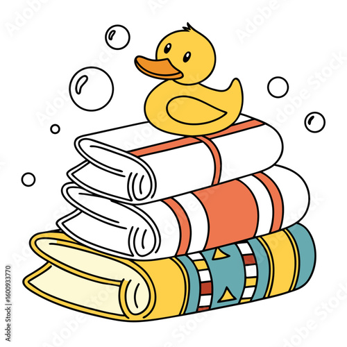 A cute yellow rubber duck sits on top of a stack of colorful fluffy towels with
