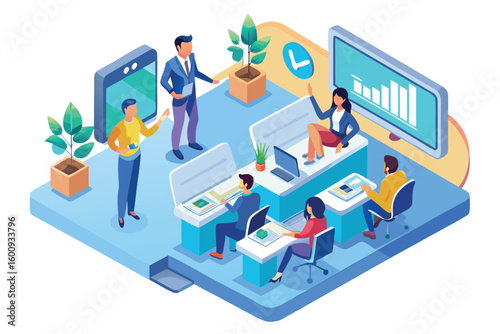 Team collaboration in a modern office setup with technology and plants during a productive workday