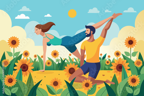Couple practicing acro yoga in a sunflower field during a sunny day