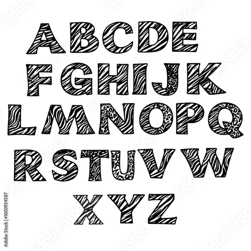 Animal Print Alphabet Letters with Zebra and Leopard Patterns, Safari Style Uppercase Font with Wild Textures, 
Decorative ABC Lettering with Black and White Patterns.