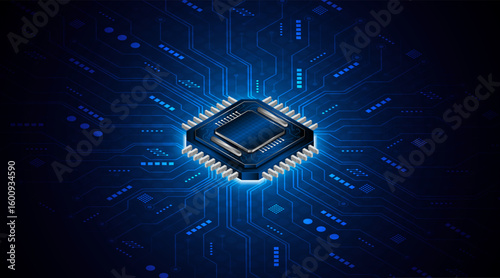 Microchip processor circuit board technology on dark blue background. Information Processing Concept. Circuit board hi-tech technology background. vector illustration	