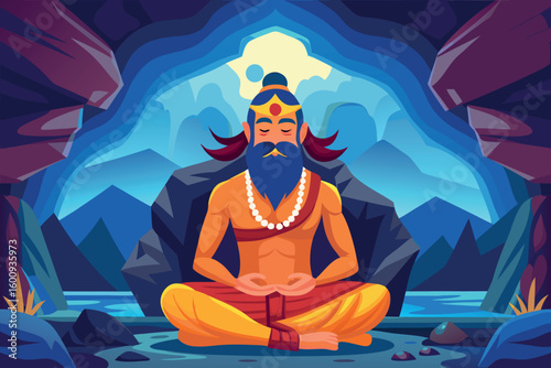 Meditating sage in a tranquil cave near a serene lake surrounded by misty mountains at sunrise