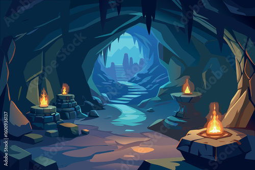 Mysterious underground cave with flickering flames illuminates the rocky surroundings
