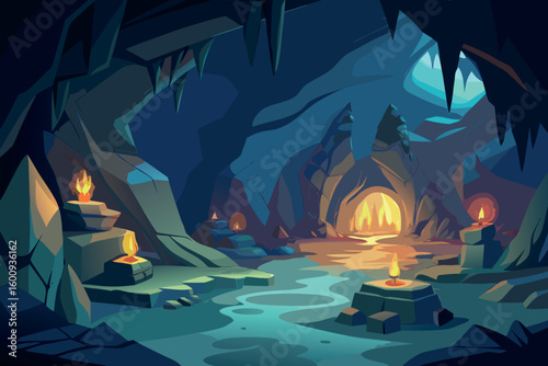 Exploring a mystical cave with glowing flames and a serene water pool at dusk