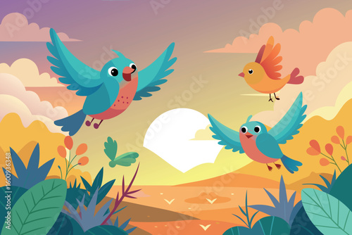Colorful birds soaring in a vibrant sunset landscape near a peaceful valley