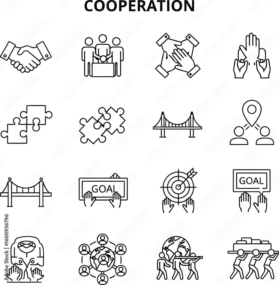 Naklejka premium “Cooperation & Teamwork Icons – Editable Outline Symbols for Goals, Unity & Collaboration”