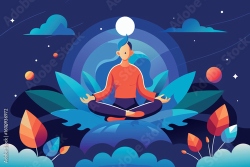 Person meditating in a serene landscape surrounded by colorful plants and celestial elements during a peaceful evening