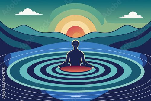 Meditation session by a calm lake at sunset with mountains in the background