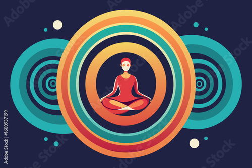 Meditating figure surrounded by colorful concentric circles and serene atmosphere conveying peace and mindfulness