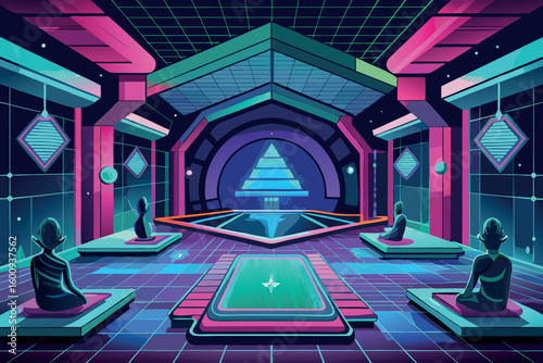 Modern meditation space featuring futuristic design and serene atmosphere with vibrant colors