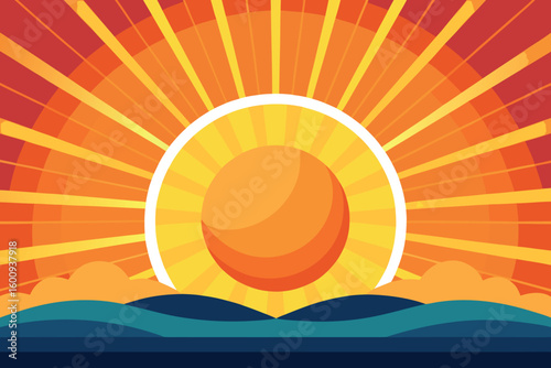 Sunrise over rolling hills with vibrant rays illuminating the sky and ocean