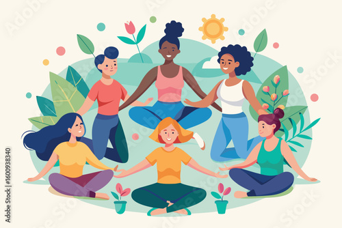 Group of women practicing mindfulness and meditation in nature during a sunny day