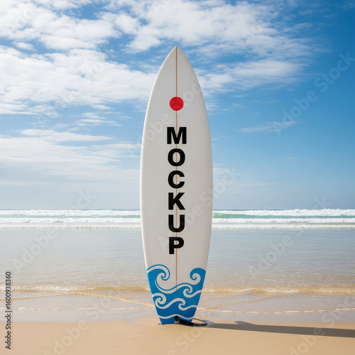 A surfboard with a mockup design stands on the beach with the ocean in the