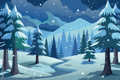 Winter landscape features snow-covered trees and a winding river under a starry night sky in a serene mountainous area