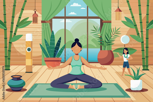 Relaxing yoga practice in a serene indoor space surrounded by plants and natural light during a sunny day