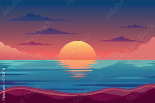 Colorful sunset over calm ocean waters with reflections and clouds at twilight