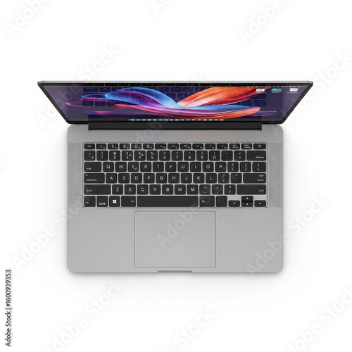 A silver laptop with an open screen and keyboard is displayed from a topdown view on