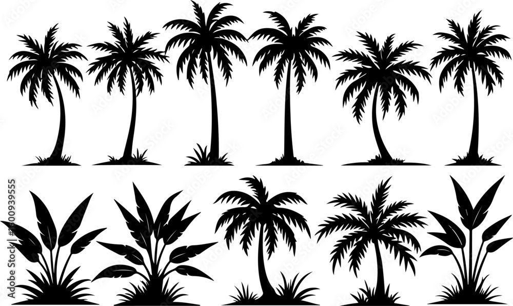 Fototapeta premium Desert & Tropical Plant Silhouette Set – Cactus, Palm Tree, and Succulent Icons vector bundle