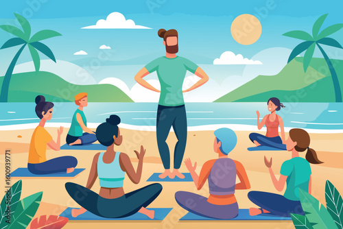 Group yoga session on the beach at sunset promoting relaxation and mindfulness