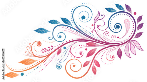 Dynamic Vibrant Intricate Abstract Floral Swirl with Leaves
