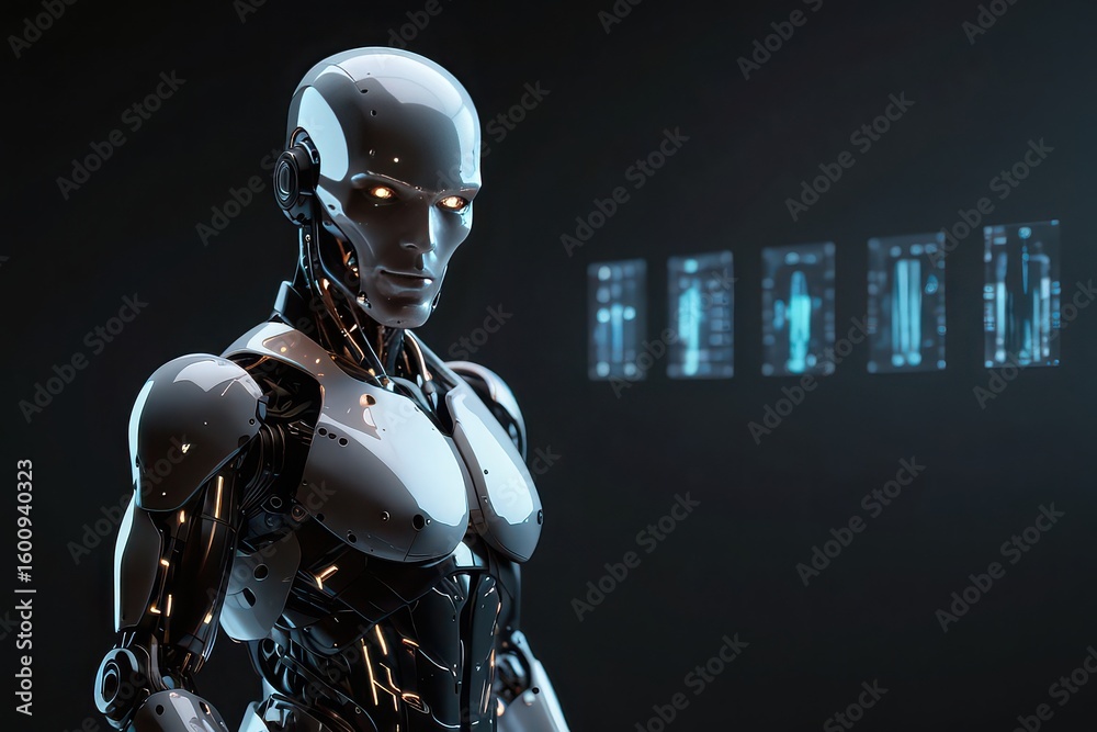 Naklejka premium Futuristic humanoid robot with glowing eyes and data screens on a dark background posing for the camera