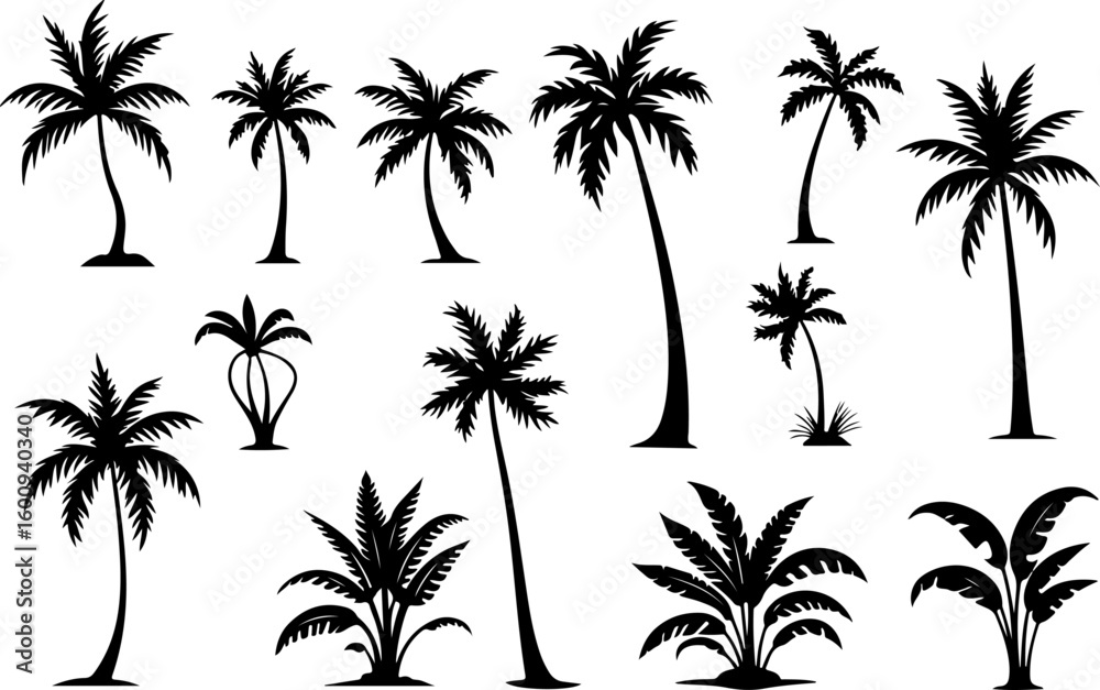 Obraz premium Desert & Tropical Plant Silhouette Set – Cactus, Palm Tree, and Succulent Icons vector bundle