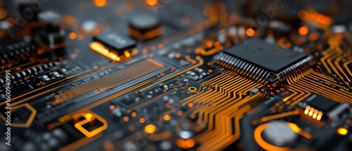 Close-up of Circuit Board with Orange Traces and Integrated Circuits