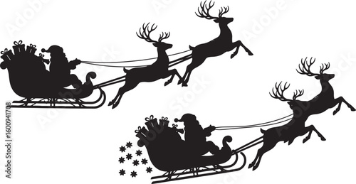 Black silhouette of Santa Claus in a sleigh pulled by reindeer, christmas, santa claus, reindeer, sleigh, gifts, silhouette, black and white, winter, holiday, celebration, tradition, festive, transpor